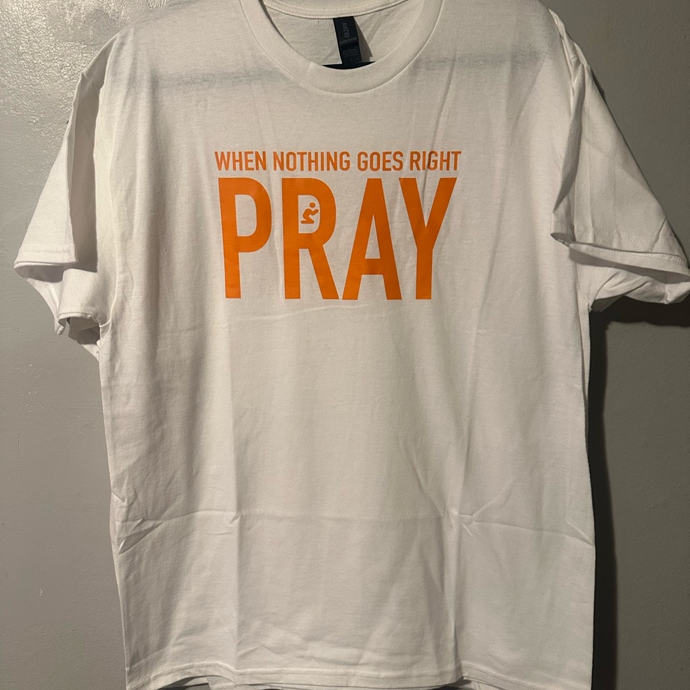 Gildan White Tee with Orange 'PRAY' Print